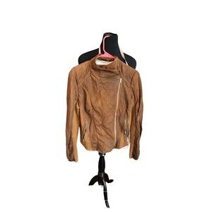 Marc New York Womens Moto Jacket Brown Asymmetric Zip Pockets Mock Neck L